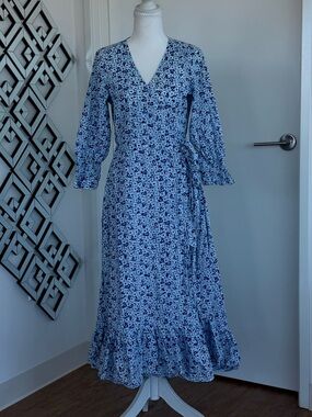 Jigsaw Blue Floral Wrap Maxi Dress with Ruffle Hem